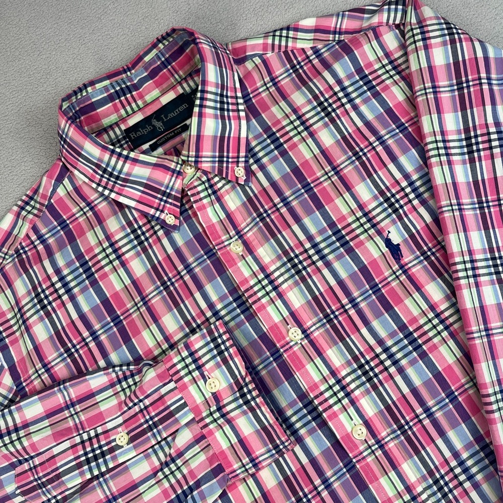 Ralph Lauren Custom Fit Plaid Oxford Shirt Mens L Pink Madras Pony Logo